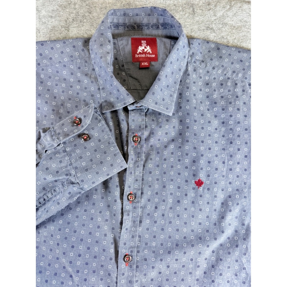 British House Mens‎ XXL Blue Geometric Square Egyptian Cotton Button Down Shirt